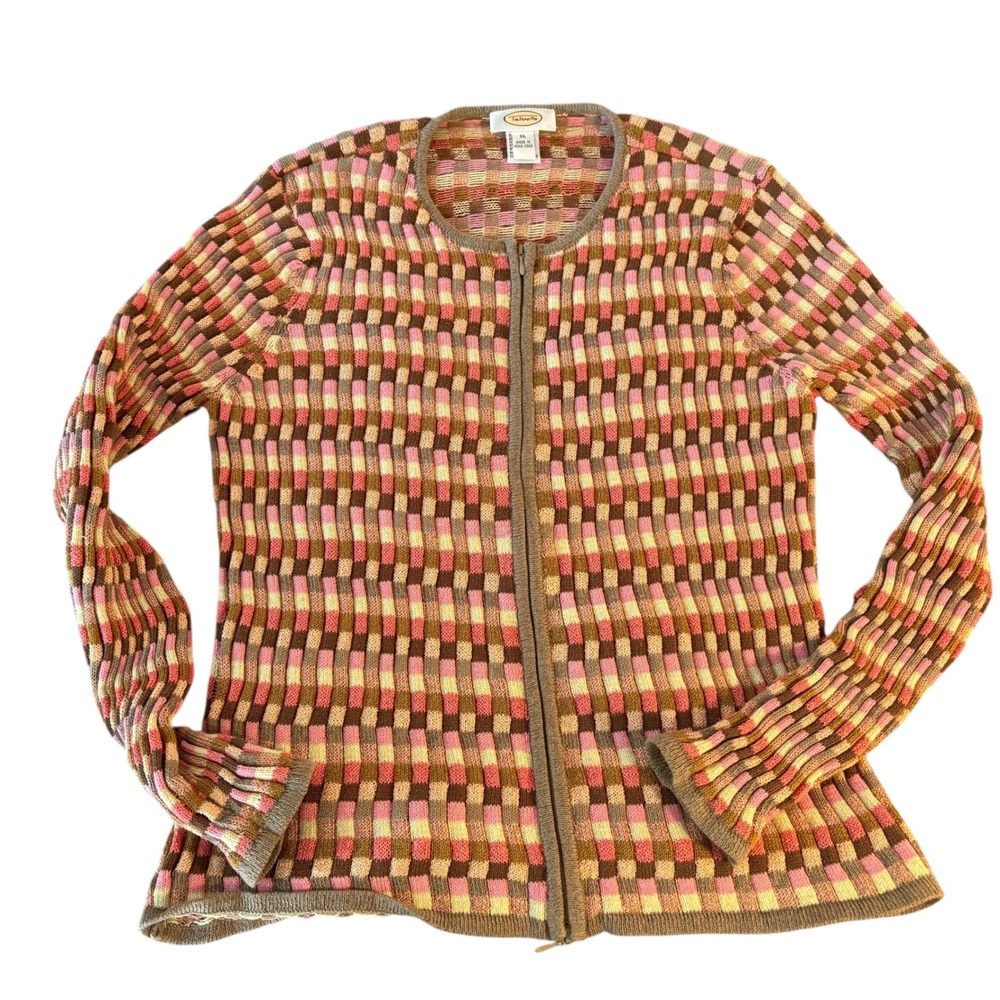 Talbots Knit Cardigan Sweater Pink Brown metallic Plaid Full Zip Long Sleeve M/L